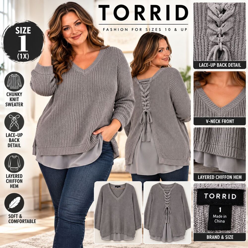 Torrid Womens Size 1X Gray Chunky Knit Sweater Lace Up Back Chiffon Layered Top